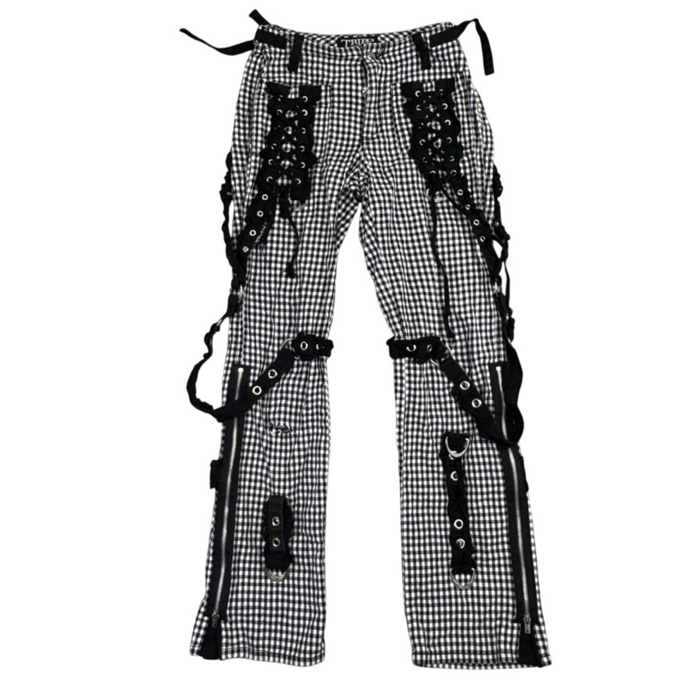 Tripp NYC Gingham Bondage Pants Black White Check Lace Up Punk Grunge 26/3